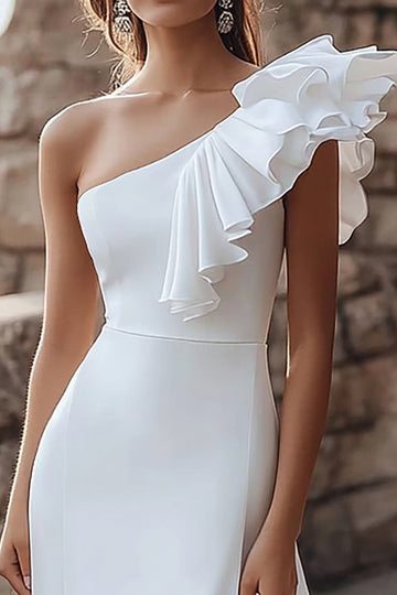 Ivory One Shoulder Ruffled Engagement Dress with Slit